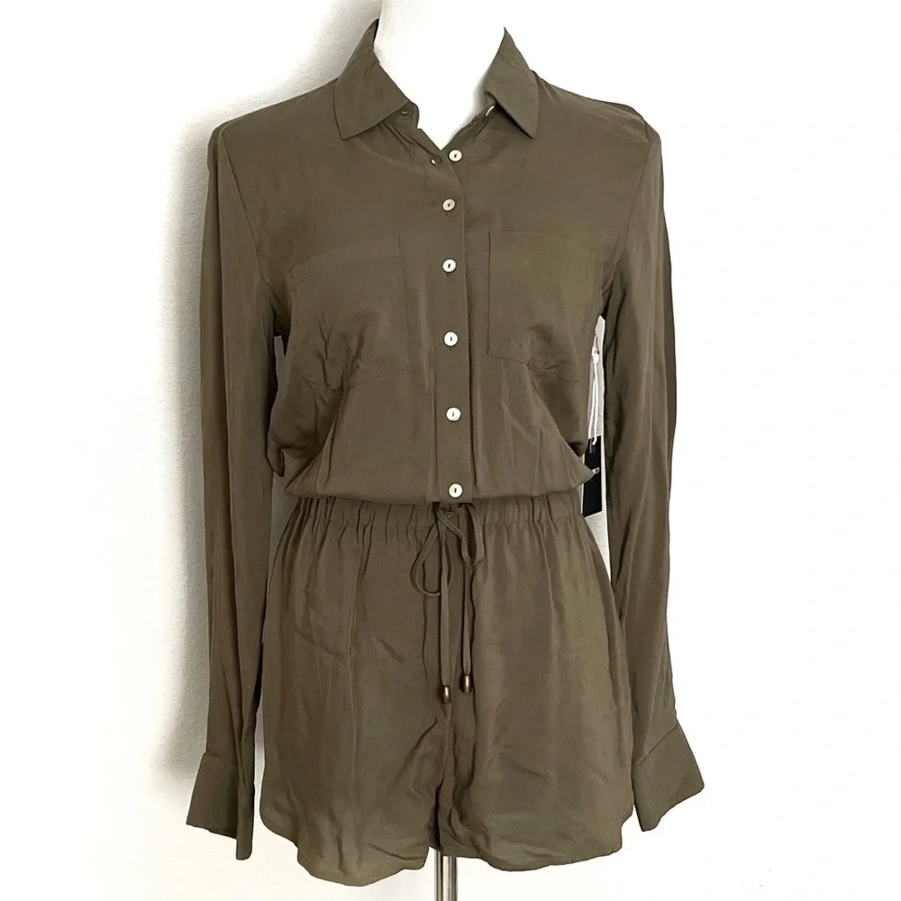 ROMPER JUMPSUIT OLIVE GREEN Forever 21 Button Long sleeve Elastic Waist Tie Siz… - Picture 2 of 15